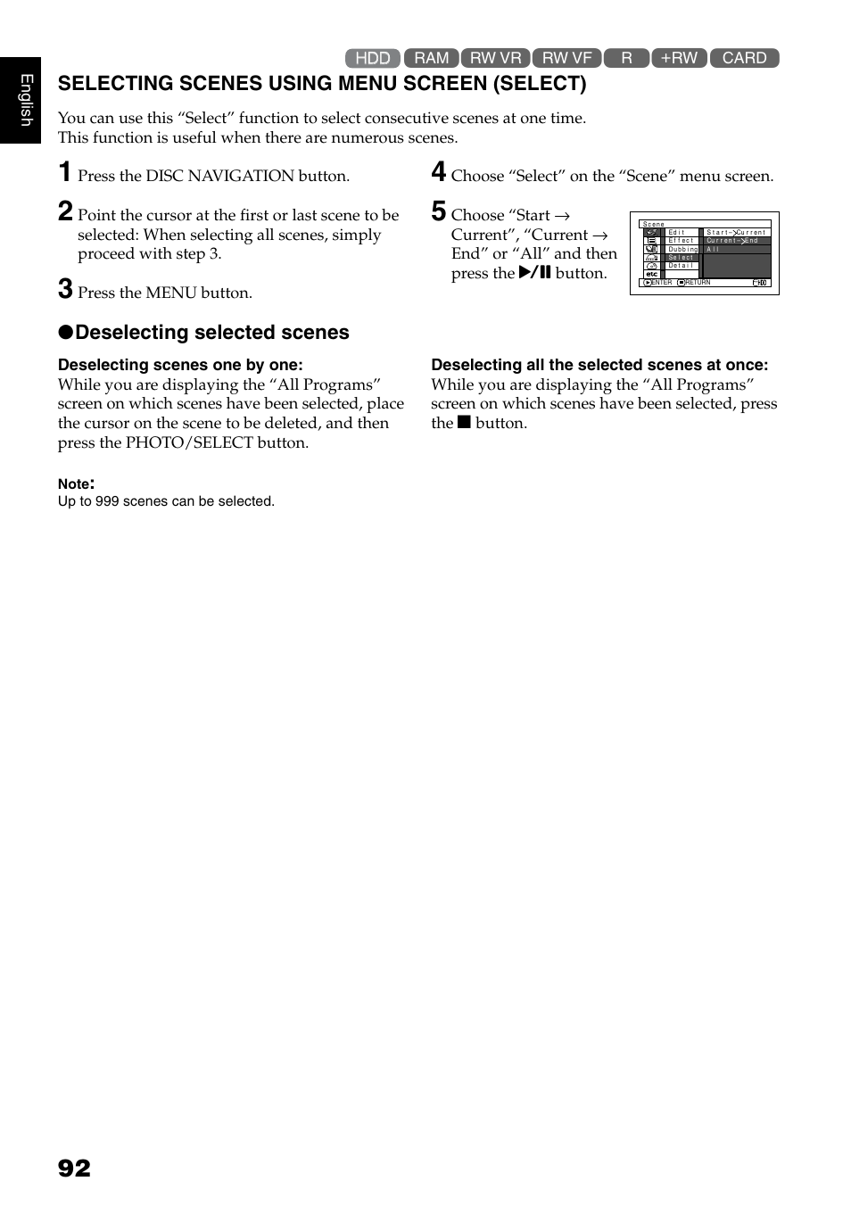Selecting scenes using menu screen (select), Deselecting selected scenes | Hitachi DZ-HS500SW User Manual | Page 92 / 160
