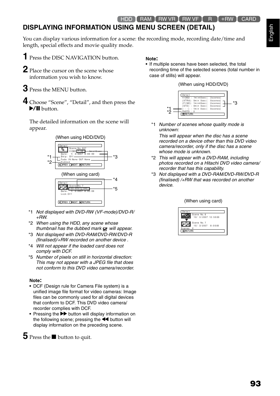 Displaying information using menu screen (detail), En g lish, Press the disc navigation button | Press the menu button, Press the  button to quit | Hitachi DZ-HS500SW User Manual | Page 93 / 160