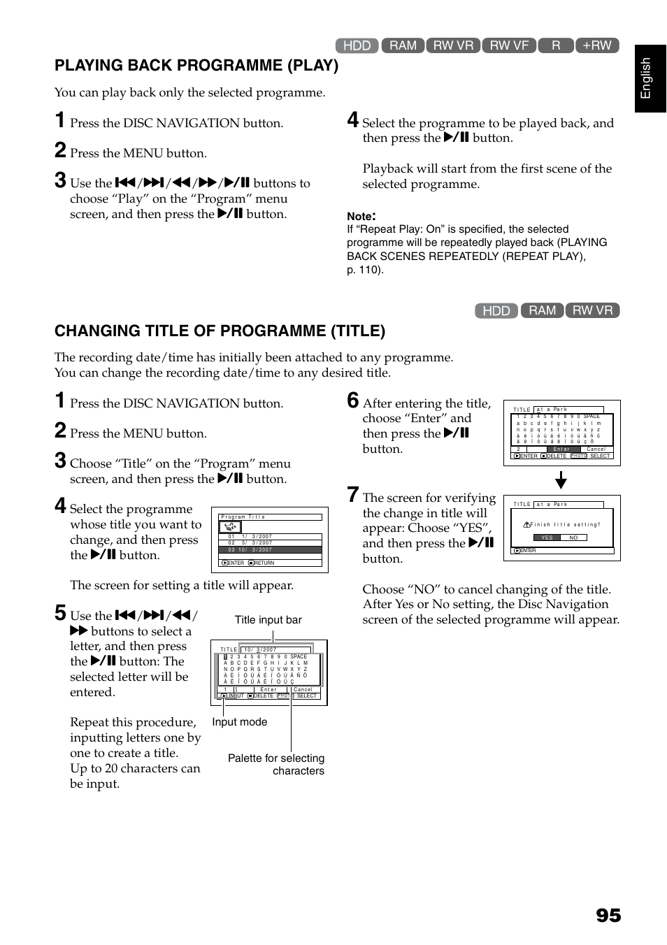 Playing back programme (play), Changing title of programme (title) | Hitachi DZ-HS500SW User Manual | Page 95 / 160