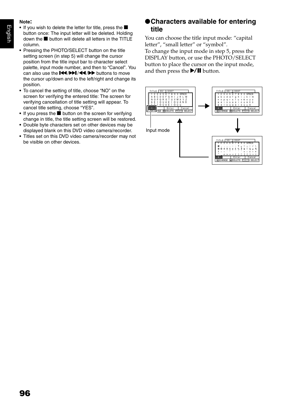 Characters available for entering title, En g lish, Input mode | Hitachi DZ-HS500SW User Manual | Page 96 / 160