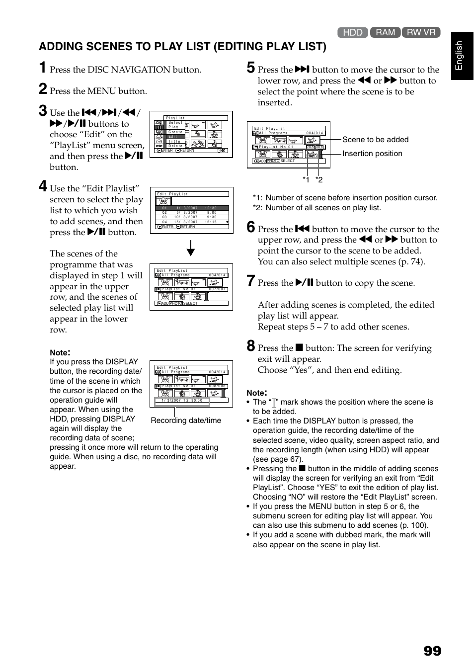 Adding scenes to play list (editing play list), En g lish, Press the disc navigation button | Press the menu button | Hitachi DZ-HS500SW User Manual | Page 99 / 160