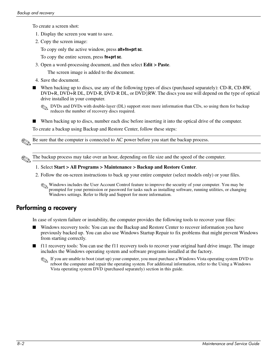 Performing a recovery, Performing a recovery –2 | Hitachi ELITEBOOK 2730P User Manual | Page 100 / 123