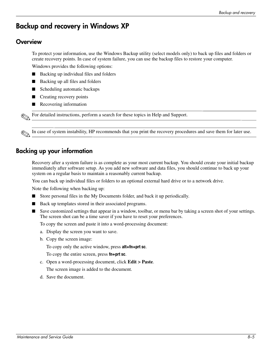 Backup and recovery in windows xp, Overview, Backing up your information | Backup and recovery in windows xp –5, Overview –5 backing up your information –5 | Hitachi ELITEBOOK 2730P User Manual | Page 103 / 123