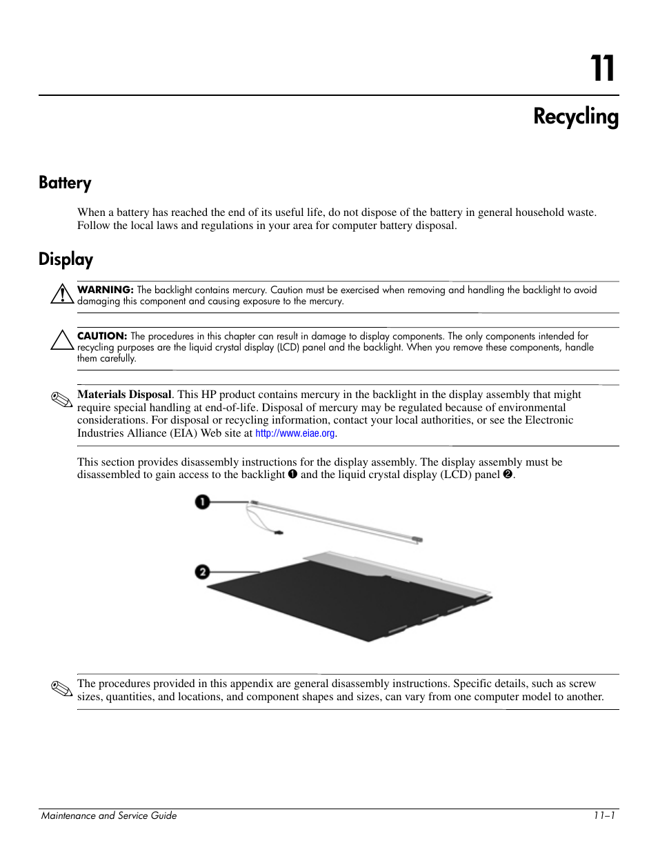 Recycling, Battery, Display | 11recycling, Battery –1 display –1 | Hitachi ELITEBOOK 2730P User Manual | Page 113 / 123