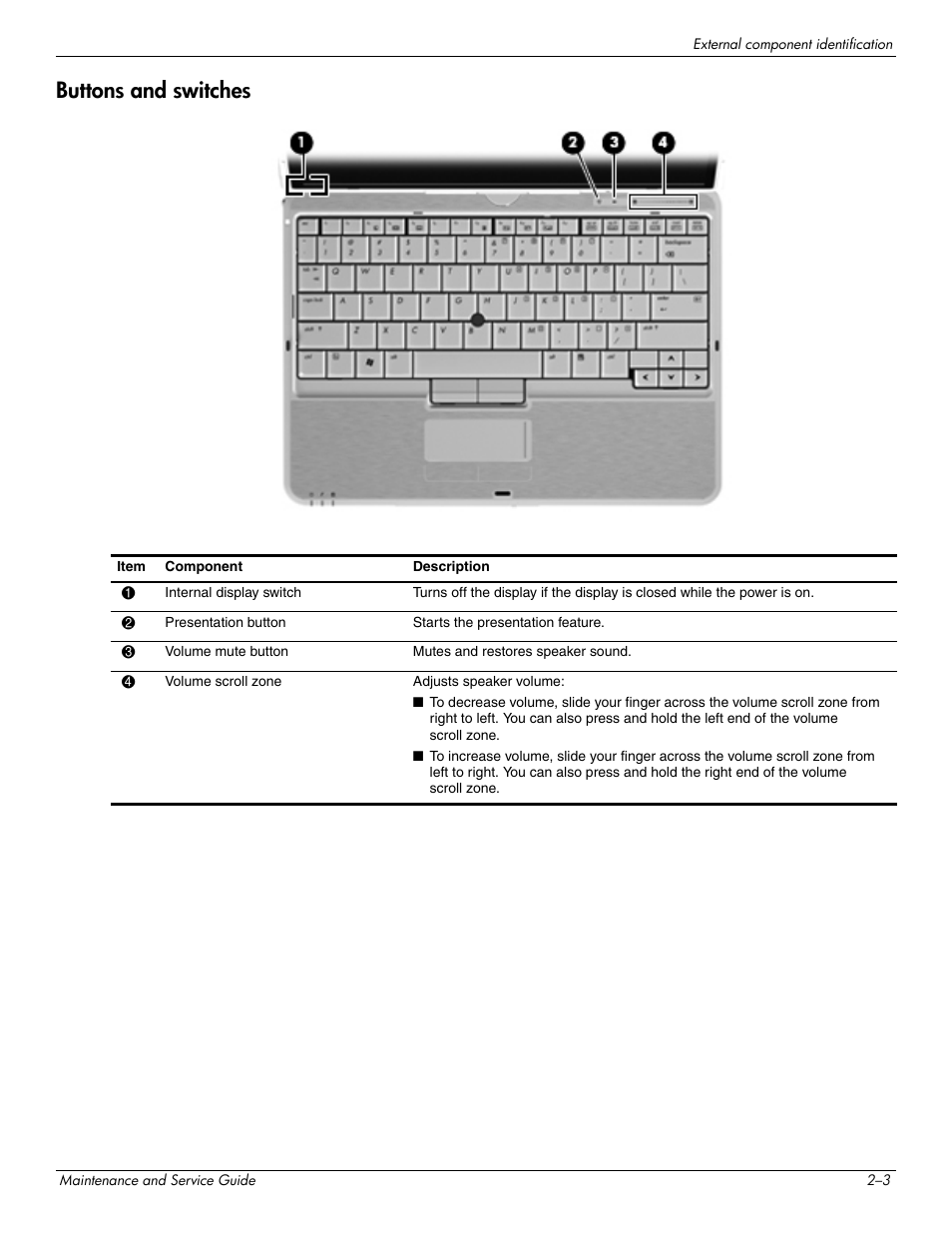 Buttons and switches, Buttons and switches –3 | Hitachi ELITEBOOK 2730P User Manual | Page 16 / 123