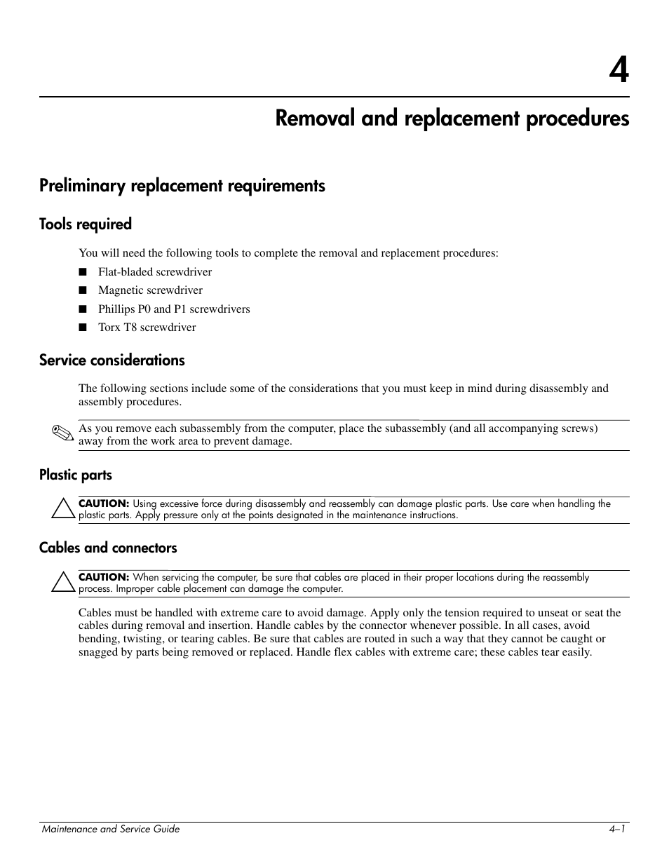 Removal and replacement procedures, Preliminary replacement requirements, Tools required | Service considerations, Plastic parts, Cables and connectors, 4 removal and replacement procedures, Preliminary replacement requirements –1, Tools required –1 service considerations –1 | Hitachi ELITEBOOK 2730P User Manual | Page 40 / 123