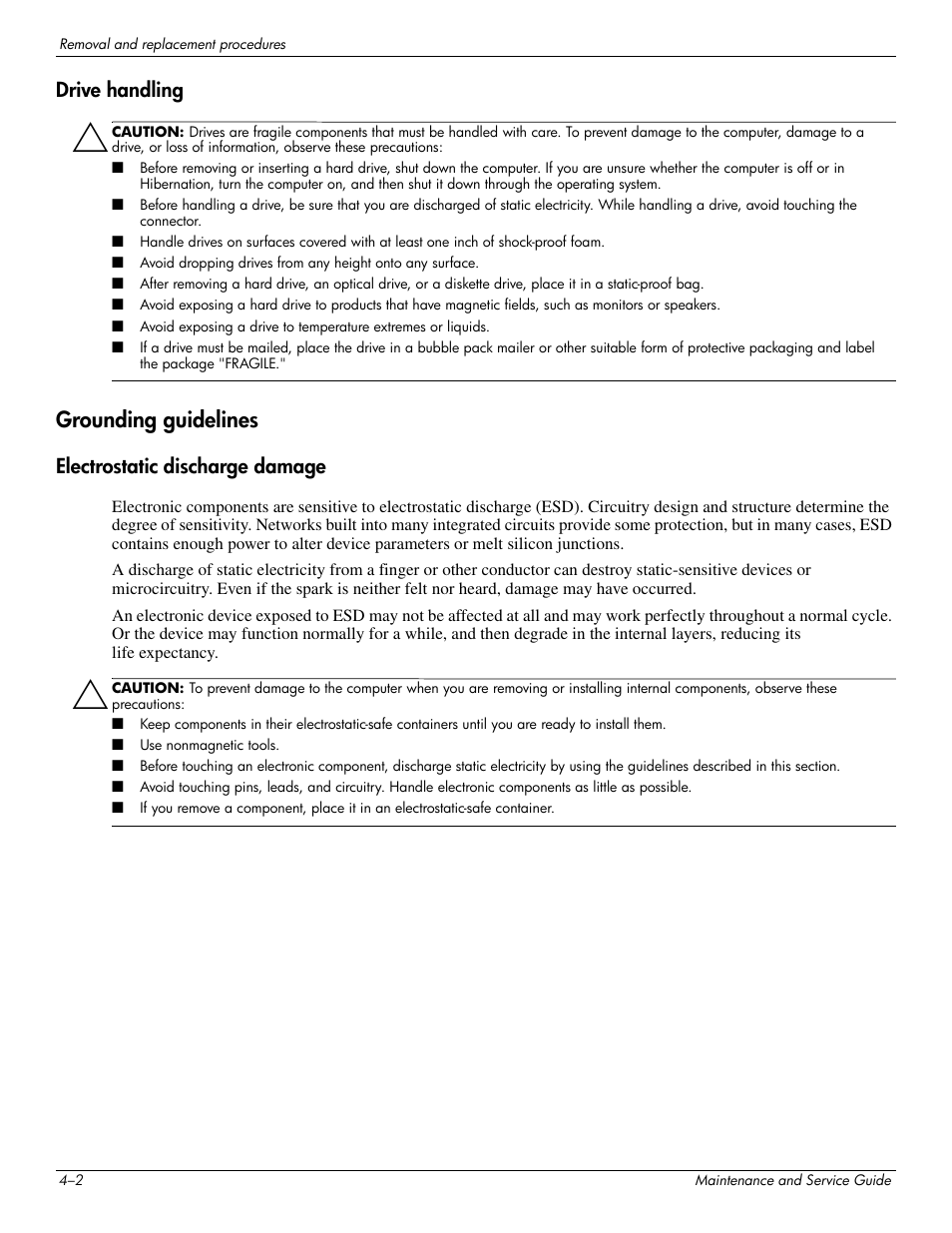 Drive handling, Grounding guidelines, Electrostatic discharge damage | Grounding guidelines –2 | Hitachi ELITEBOOK 2730P User Manual | Page 41 / 123