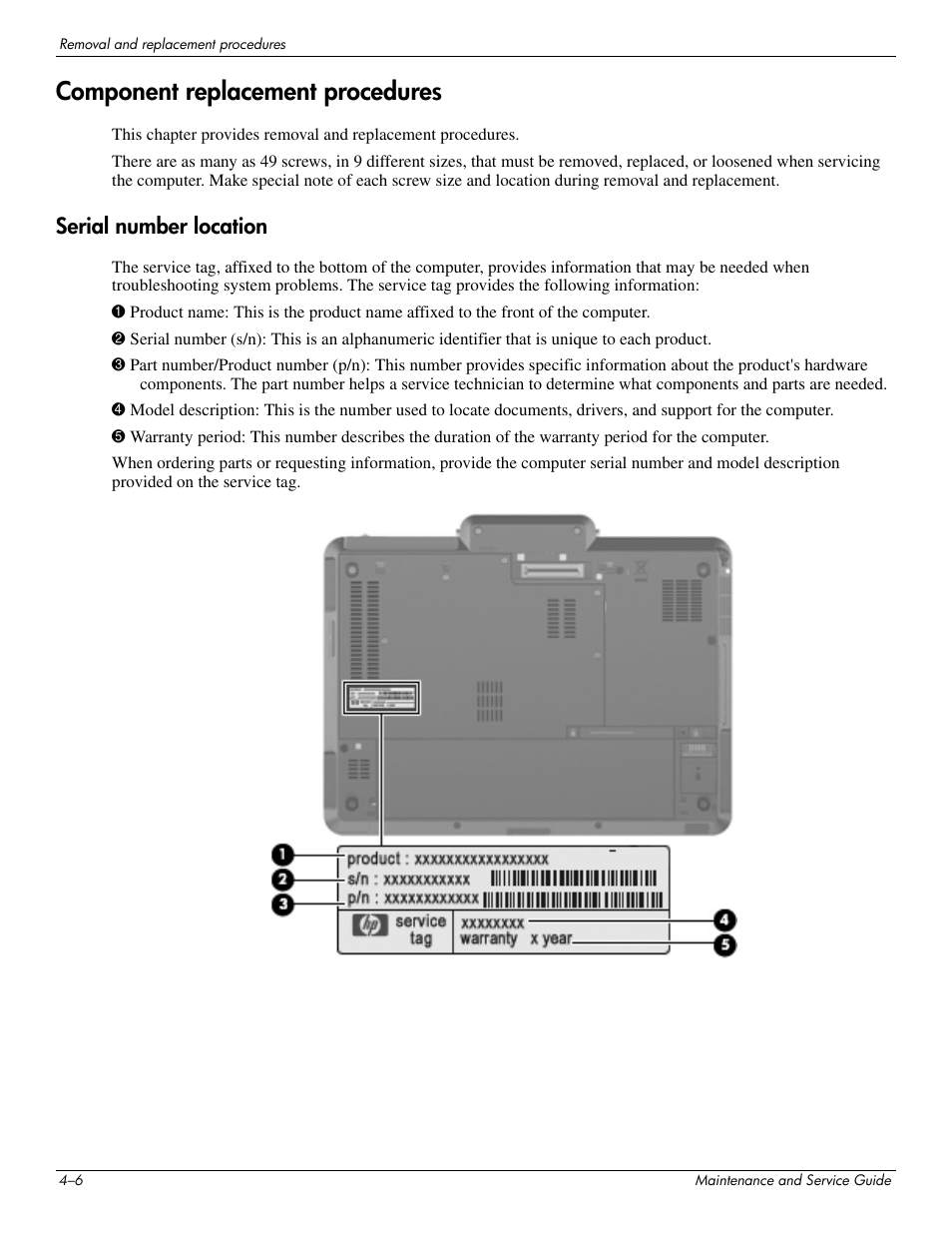 Component replacement procedures, Serial number location, Component replacement procedures –6 | Serial number location –6 | Hitachi ELITEBOOK 2730P User Manual | Page 45 / 123