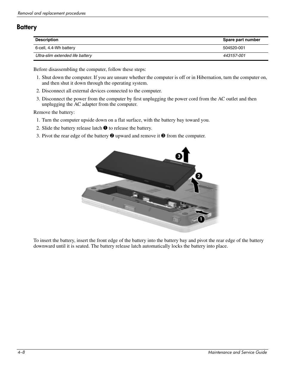 Battery, Battery –8, The battery (see | Hitachi ELITEBOOK 2730P User Manual | Page 47 / 123