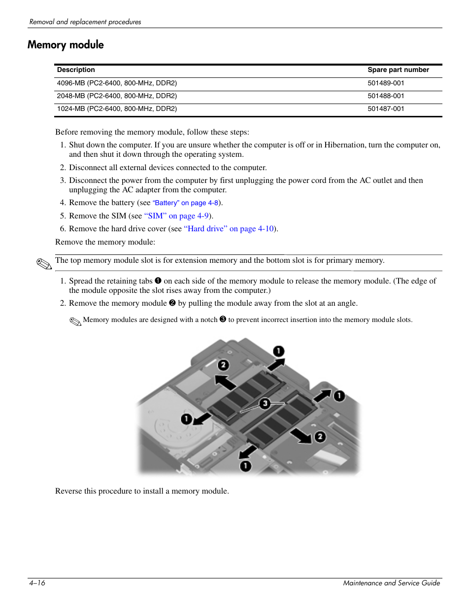 Memory module, Memory module –16 | Hitachi ELITEBOOK 2730P User Manual | Page 55 / 123