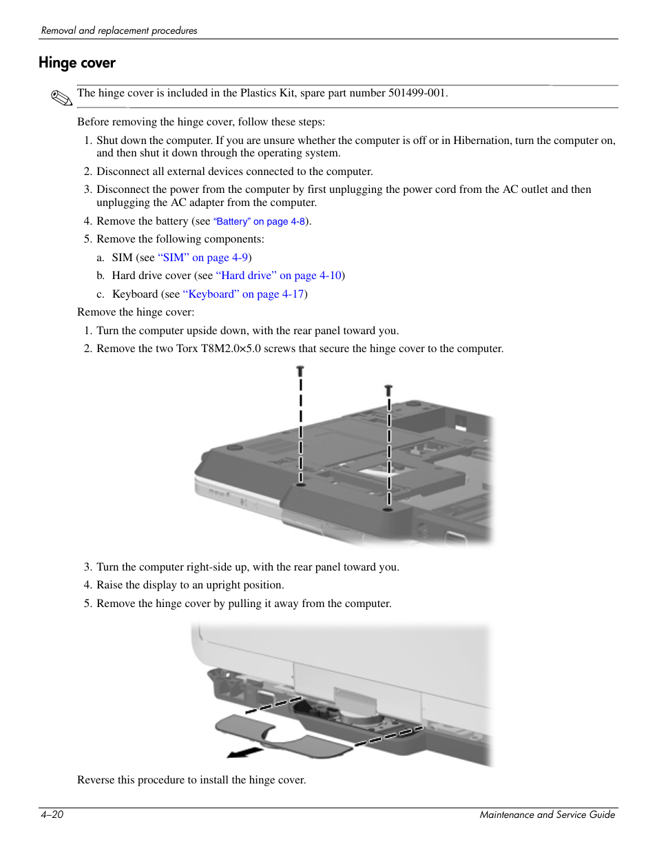 Hinge cover, Hinge cover –20 | Hitachi ELITEBOOK 2730P User Manual | Page 59 / 123