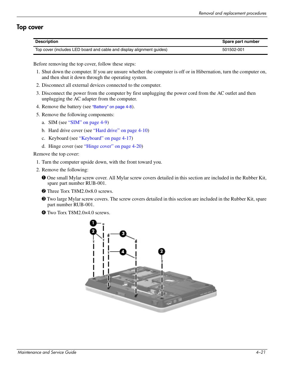 Top cover, Top cover –21 | Hitachi ELITEBOOK 2730P User Manual | Page 60 / 123