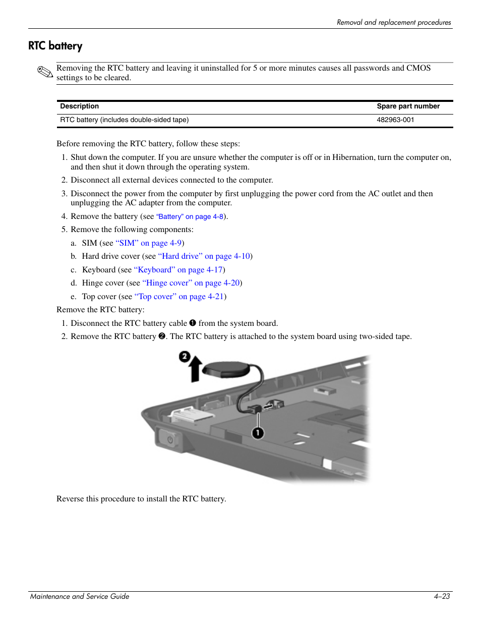 Rtc battery, Rtc battery –23 | Hitachi ELITEBOOK 2730P User Manual | Page 62 / 123