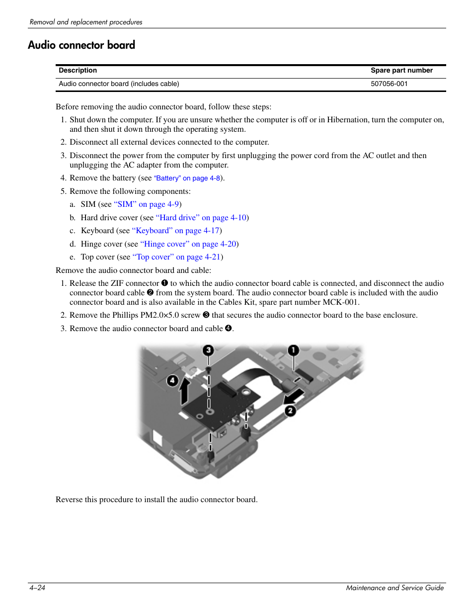 Audio connector board, Audio connector board –24 | Hitachi ELITEBOOK 2730P User Manual | Page 63 / 123