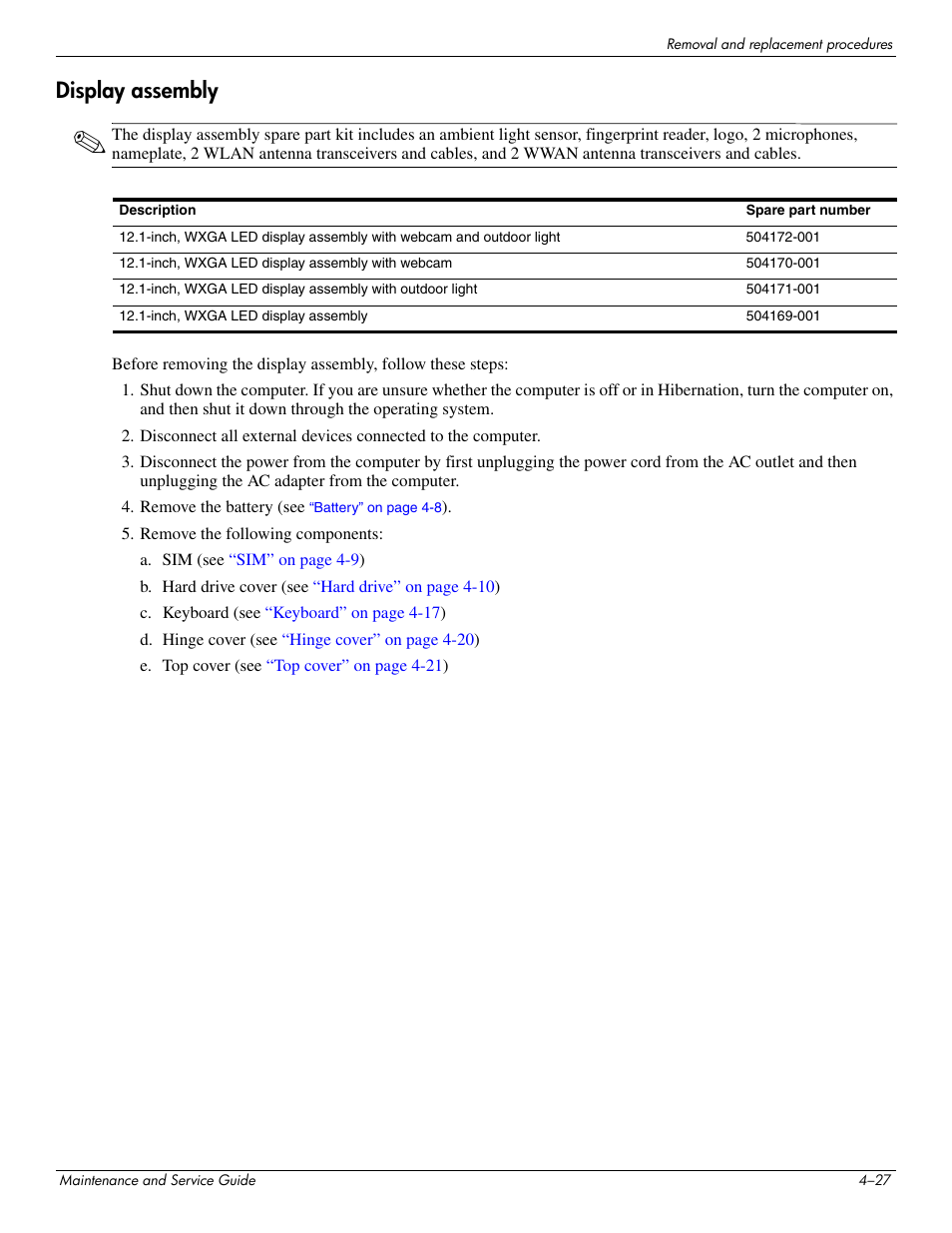 Display assembly, Display assembly –27 | Hitachi ELITEBOOK 2730P User Manual | Page 66 / 123