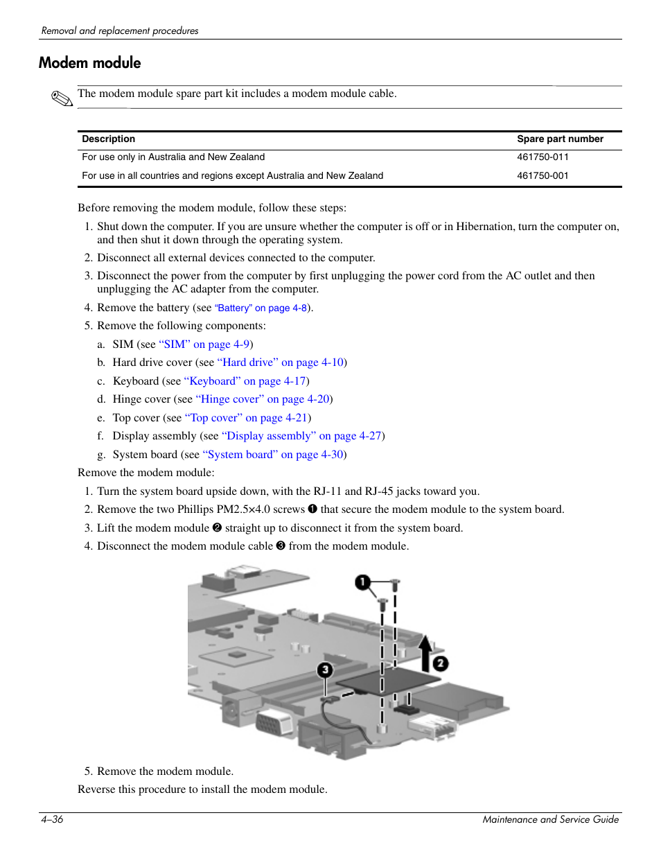 Modem module, Modem module –36 | Hitachi ELITEBOOK 2730P User Manual | Page 75 / 123