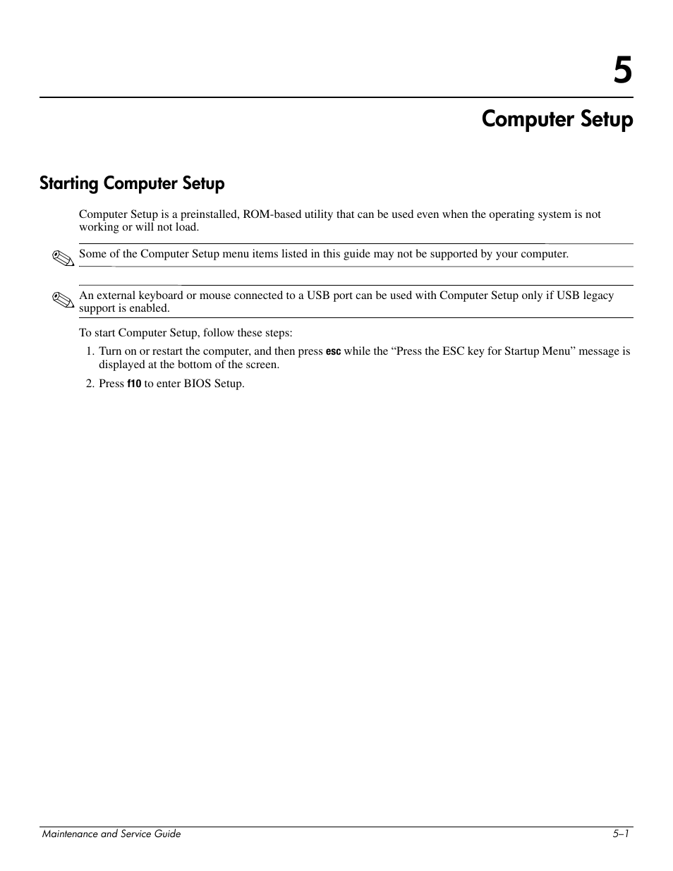 Computer setup, Starting computer setup, 5 computer setup | Starting computer setup –1 | Hitachi ELITEBOOK 2730P User Manual | Page 76 / 123