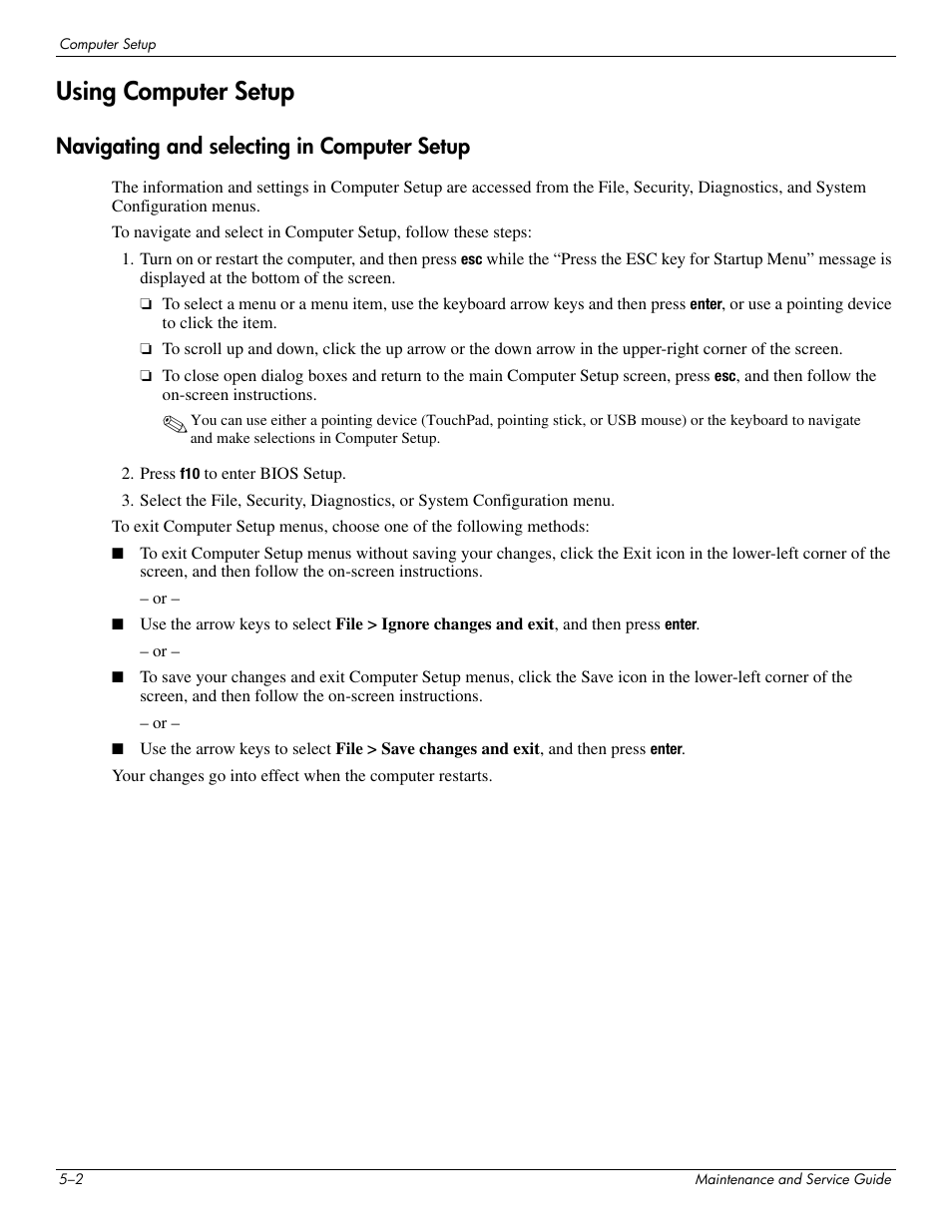 Using computer setup, Navigating and selecting in computer setup, Using computer setup –2 | Navigating and selecting in computer setup –2 | Hitachi ELITEBOOK 2730P User Manual | Page 77 / 123