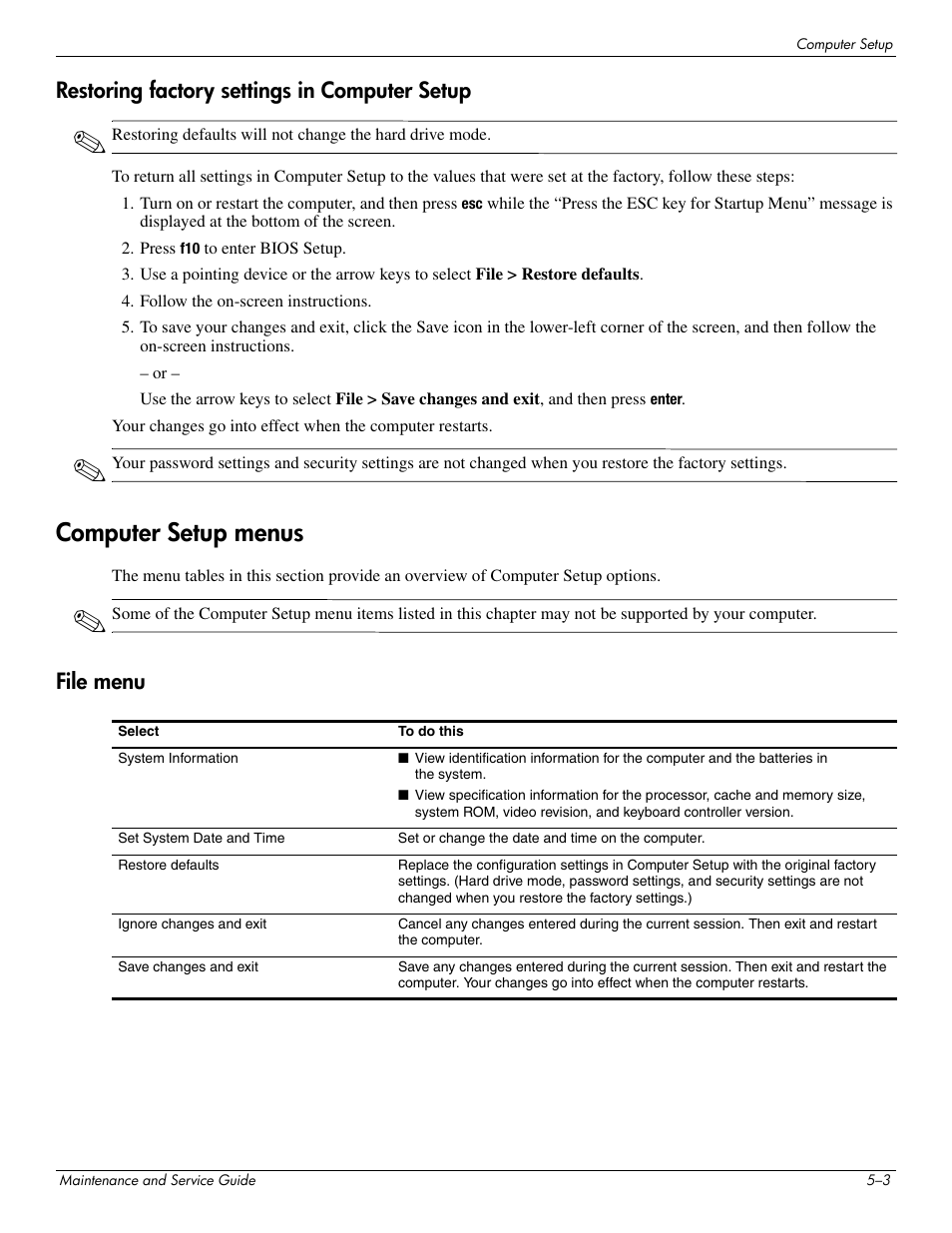 Restoring factory settings in computer setup, Computer setup menus, File menu | Restoring factory settings in computer setup –3, Computer setup menus –3, File menu –3 | Hitachi ELITEBOOK 2730P User Manual | Page 78 / 123