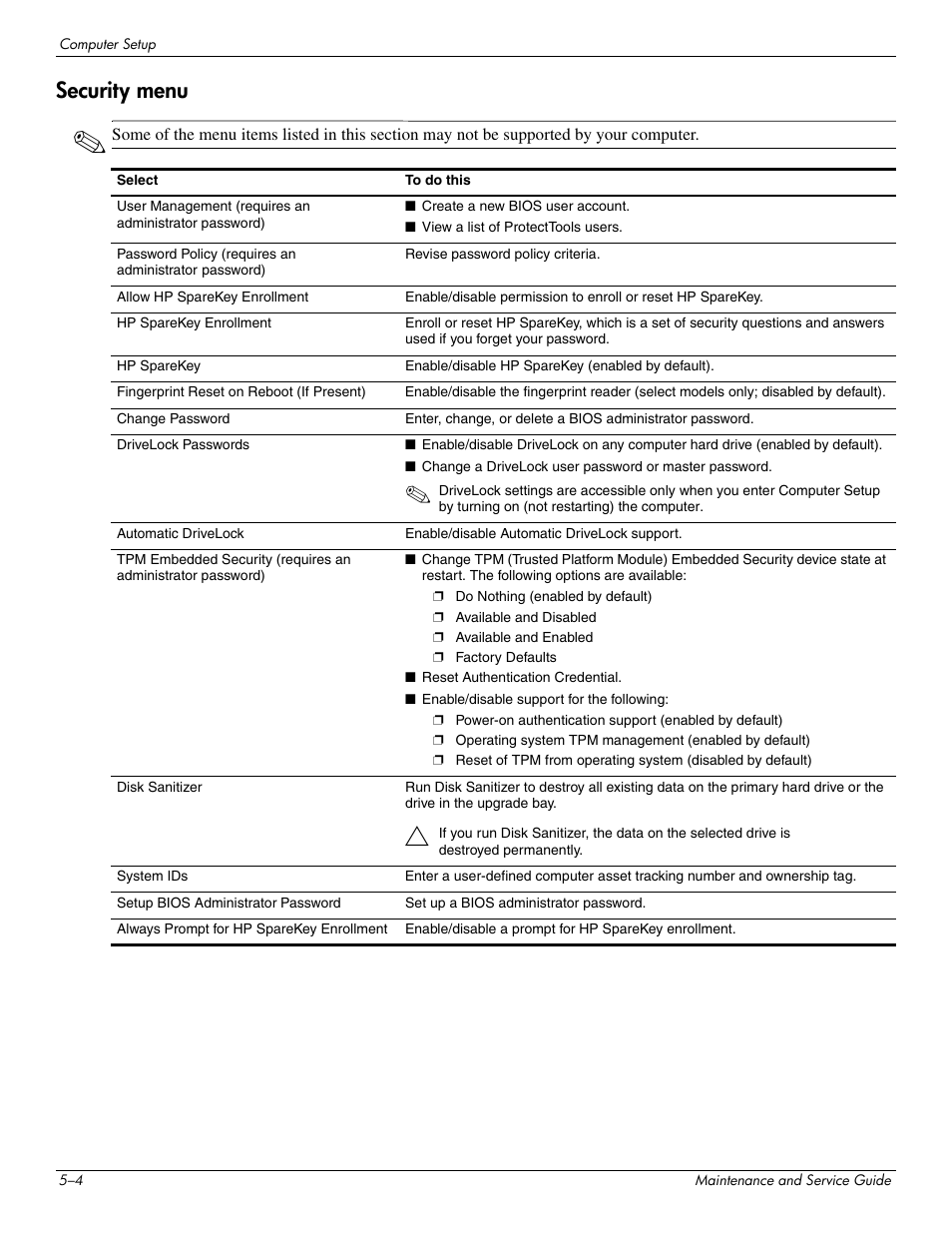 Security menu, Security menu –4 | Hitachi ELITEBOOK 2730P User Manual | Page 79 / 123