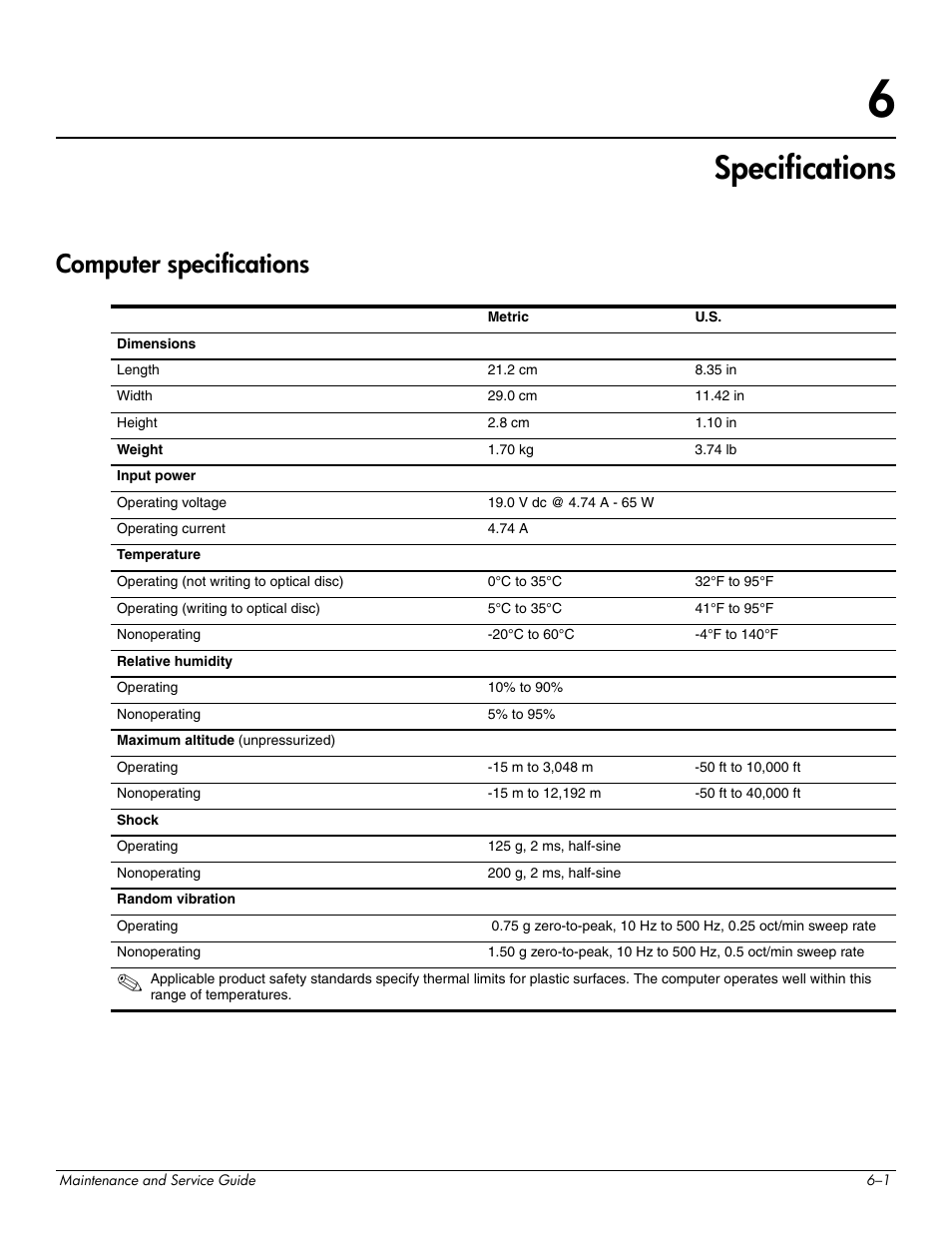 Specifications, Computer specifications, 6 specifications | Computer specifications –1 | Hitachi ELITEBOOK 2730P User Manual | Page 83 / 123