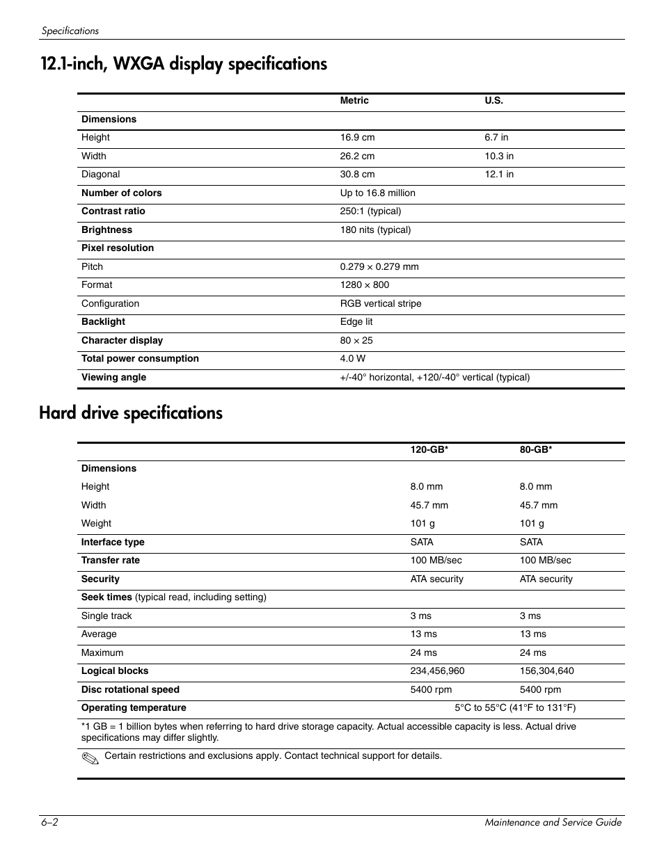 Inch, wxga display specifications, Hard drive specifications | Hitachi ELITEBOOK 2730P User Manual | Page 84 / 123