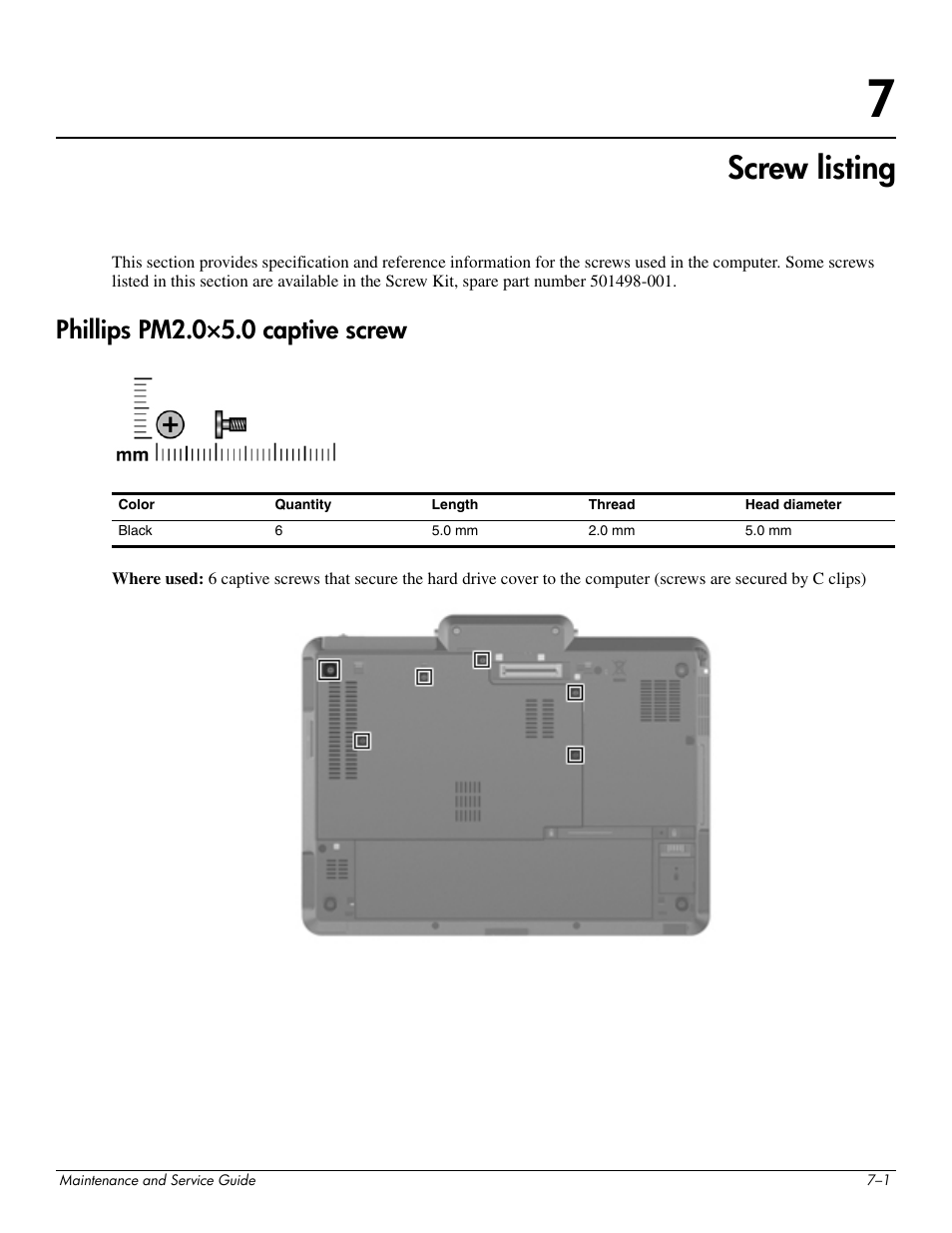 Screw listing, Phillips pm2.0x5.0 captive screw, 7 screw listing | Phillips pm2.0×5.0 captive screw –1, Phillips pm2.0×5.0 captive screw | Hitachi ELITEBOOK 2730P User Manual | Page 89 / 123
