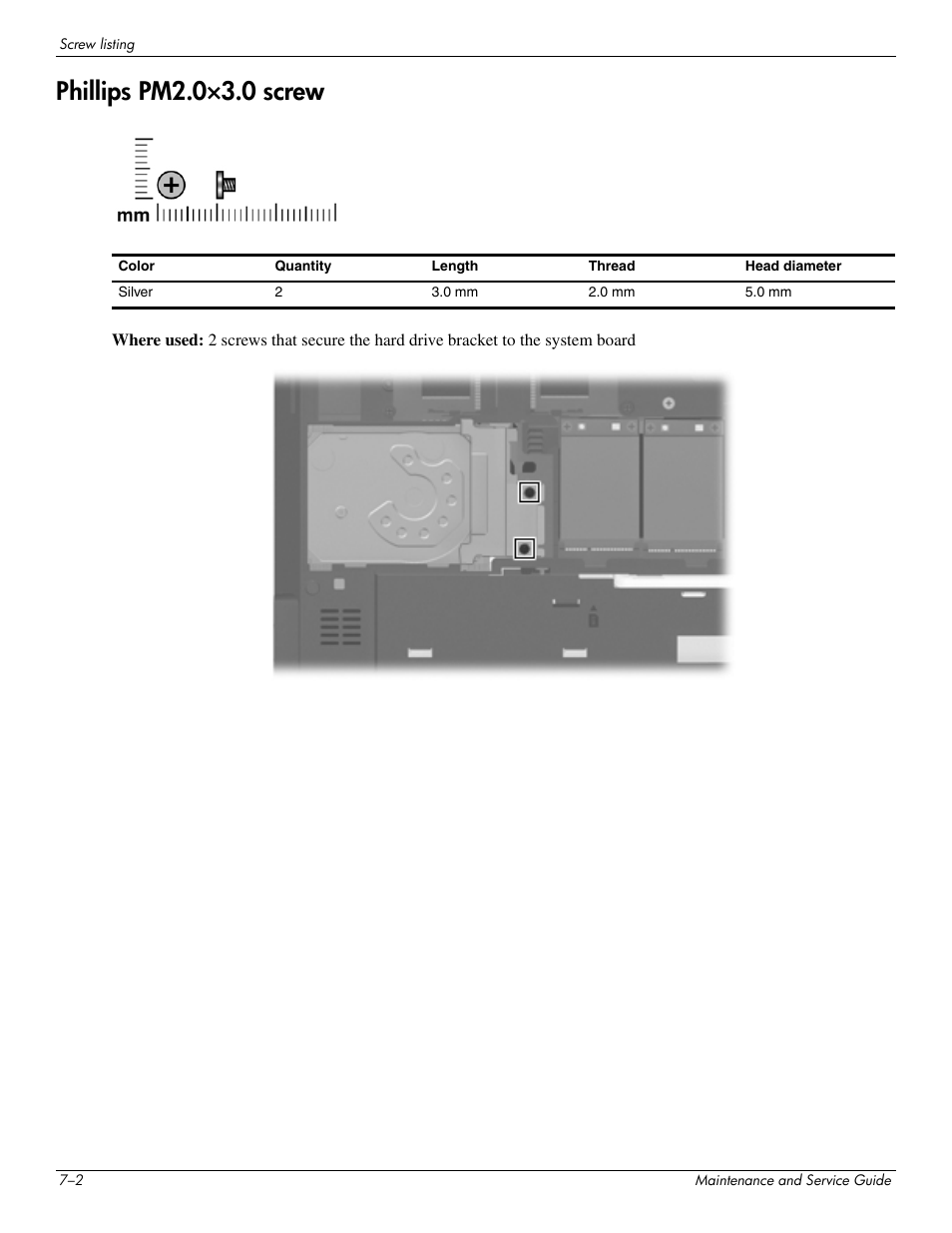 Phillips pm2.0x3.0 screw, Phillips pm2.0×3.0 screw –2, Phillips pm2.0×3.0 screw | Hitachi ELITEBOOK 2730P User Manual | Page 90 / 123