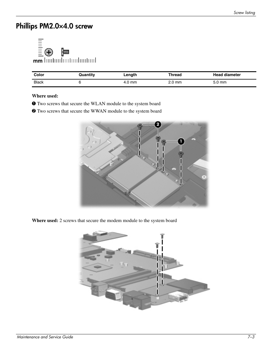 Phillips pm2.0x4.0 screw, Phillips pm2.0×4.0 screw –3, Phillips pm2.0×4.0 screw | Hitachi ELITEBOOK 2730P User Manual | Page 91 / 123