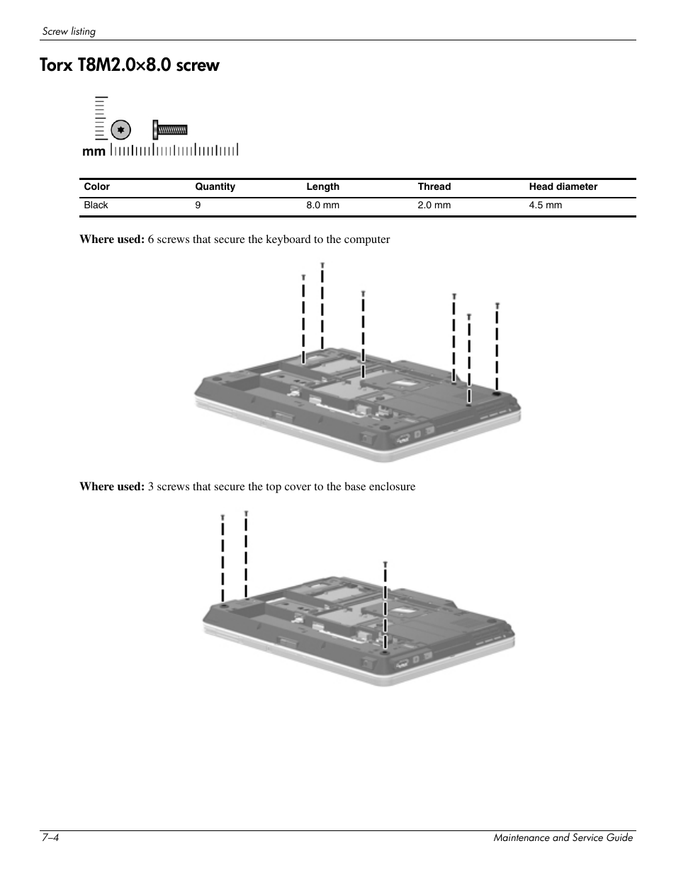 Torx t8m2.0x8.0 screw, Torx t8m2.0×8.0 screw –4 | Hitachi ELITEBOOK 2730P User Manual | Page 92 / 123