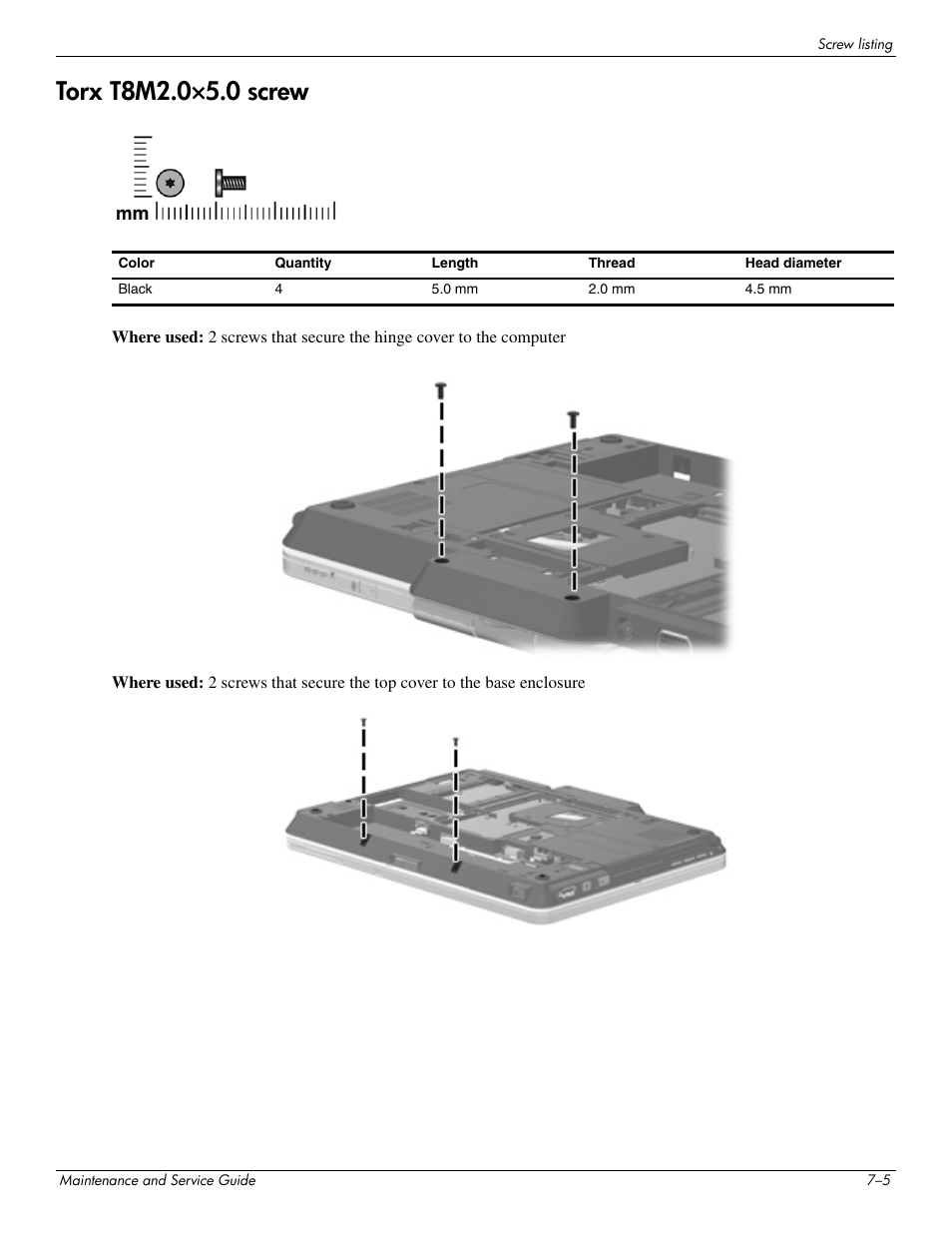 Torx t8m2.0x5.0 screw, Torx t8m2.0×5.0 screw –5 | Hitachi ELITEBOOK 2730P User Manual | Page 93 / 123