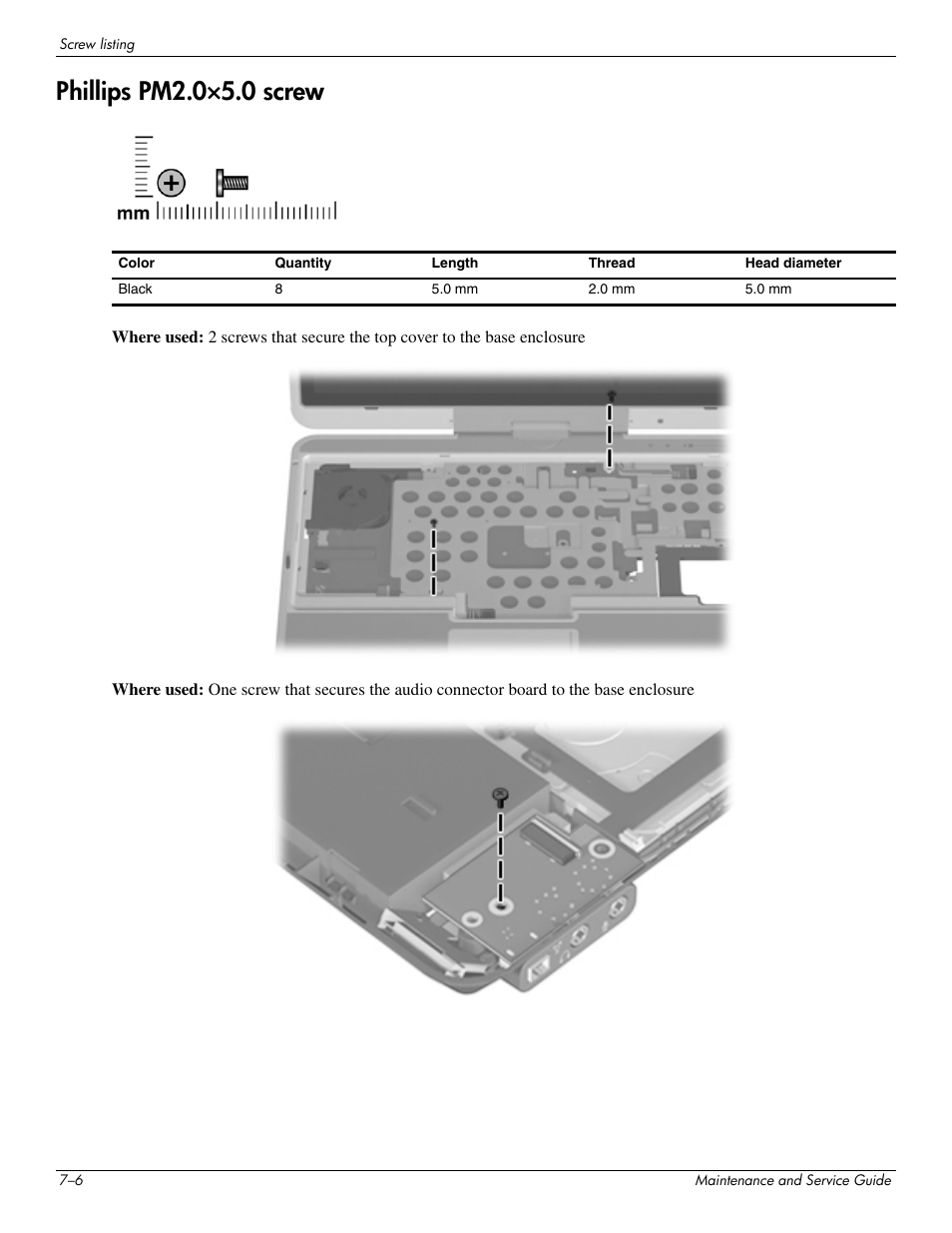 Phillips pm2.0x5.0 screw, Phillips pm2.0×5.0 screw –6, Phillips pm2.0×5.0 screw | Hitachi ELITEBOOK 2730P User Manual | Page 94 / 123