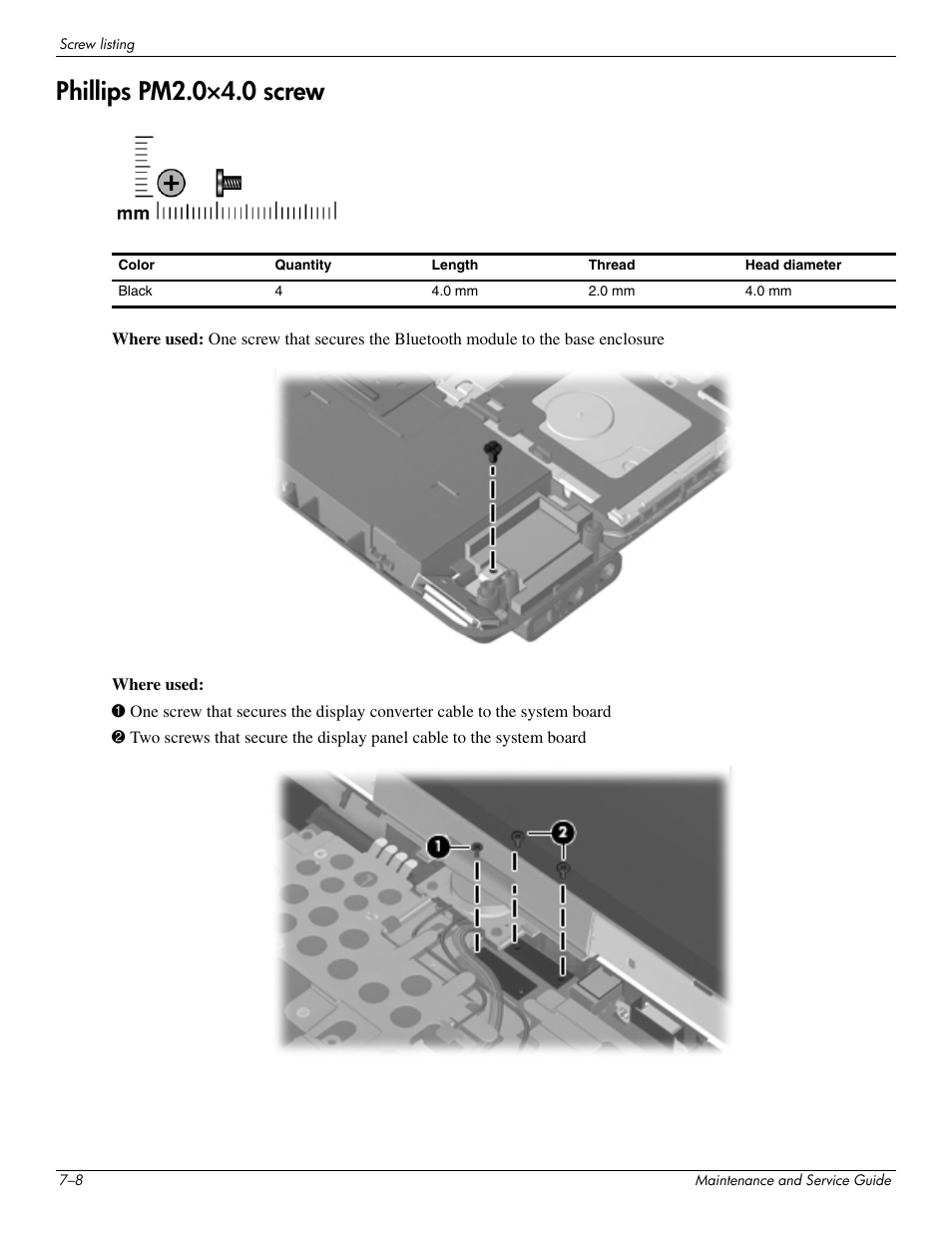 Phillips pm2.0x4.0 screw, Phillips pm2.0×4.0 screw –8, Phillips pm2.0×4.0 screw | Hitachi ELITEBOOK 2730P User Manual | Page 96 / 123