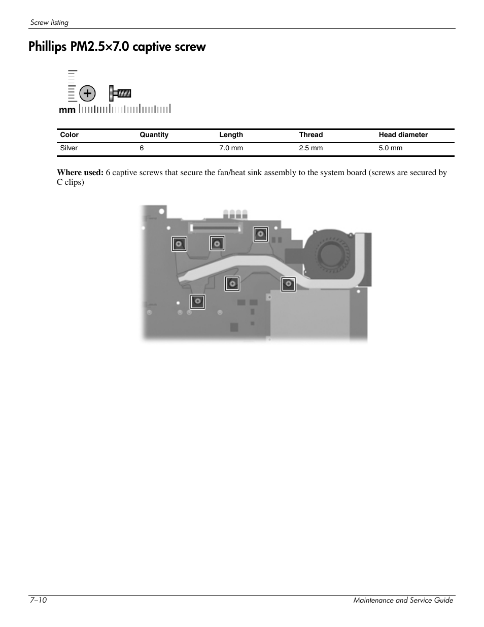 Phillips pm2.5x7.0 captive screw, Phillips pm2.5×7.0 captive screw –10, Phillips pm2.5×7.0 captive screw | Hitachi ELITEBOOK 2730P User Manual | Page 98 / 123