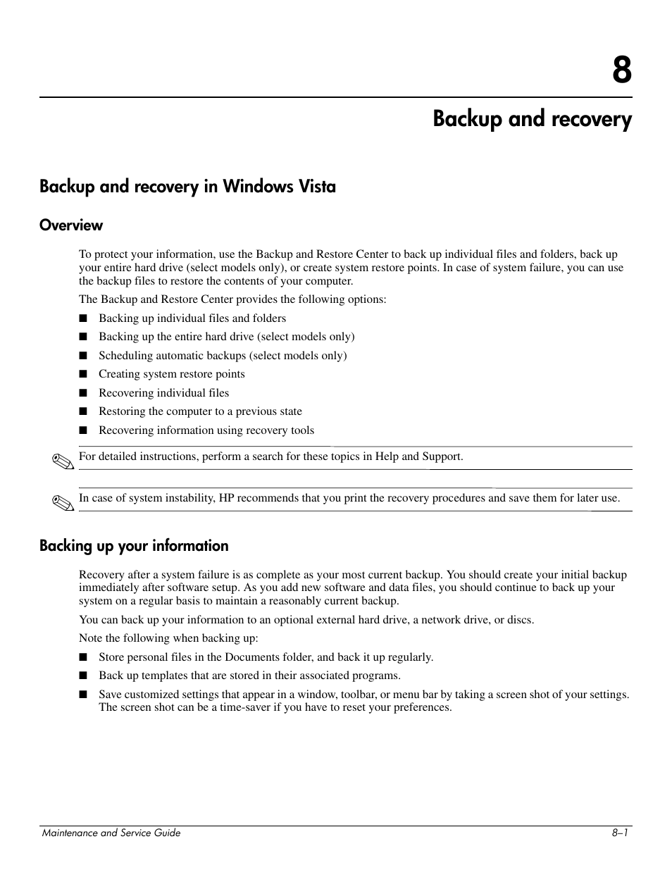 Backup and recovery, Backup and recovery in windows vista, Overview | Backing up your information, 8 backup and recovery, Backup and recovery in windows vista –1, Overview –1 backing up your information –1 | Hitachi ELITEBOOK 2730P User Manual | Page 99 / 123