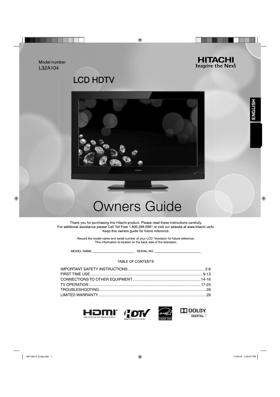 Hitachi L32A104 User Manual | 29 pages