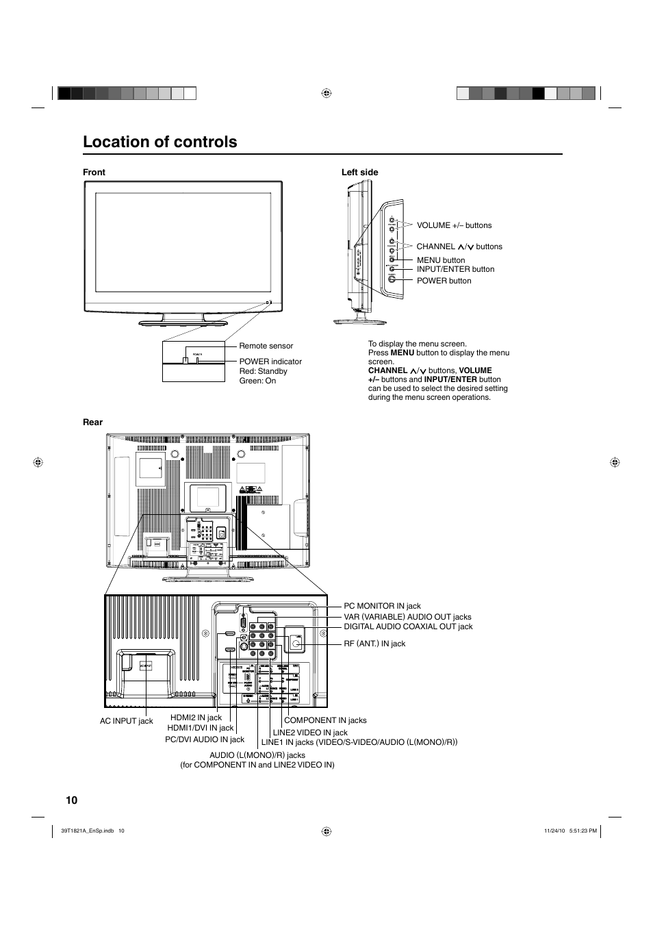 Location of controls | Hitachi L32A104 User Manual | Page 10 / 29