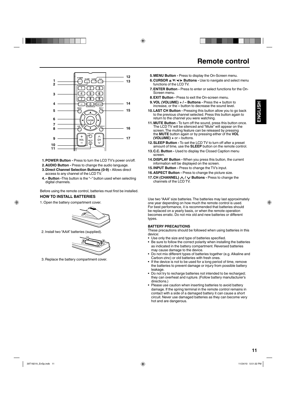 Remote control, 11 english | Hitachi L32A104 User Manual | Page 11 / 29