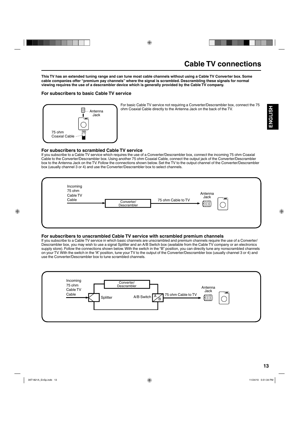 Cable tv connections, 13 english | Hitachi L32A104 User Manual | Page 13 / 29
