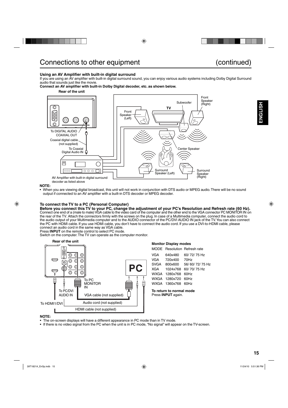 Connections to other equipment (continued), 15 english | Hitachi L32A104 User Manual | Page 15 / 29