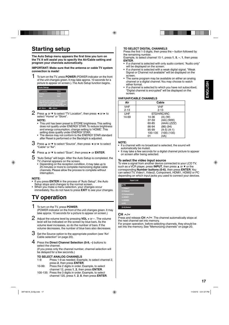 Starting setup, Tv operation 1, 17 english | Hitachi L32A104 User Manual | Page 17 / 29