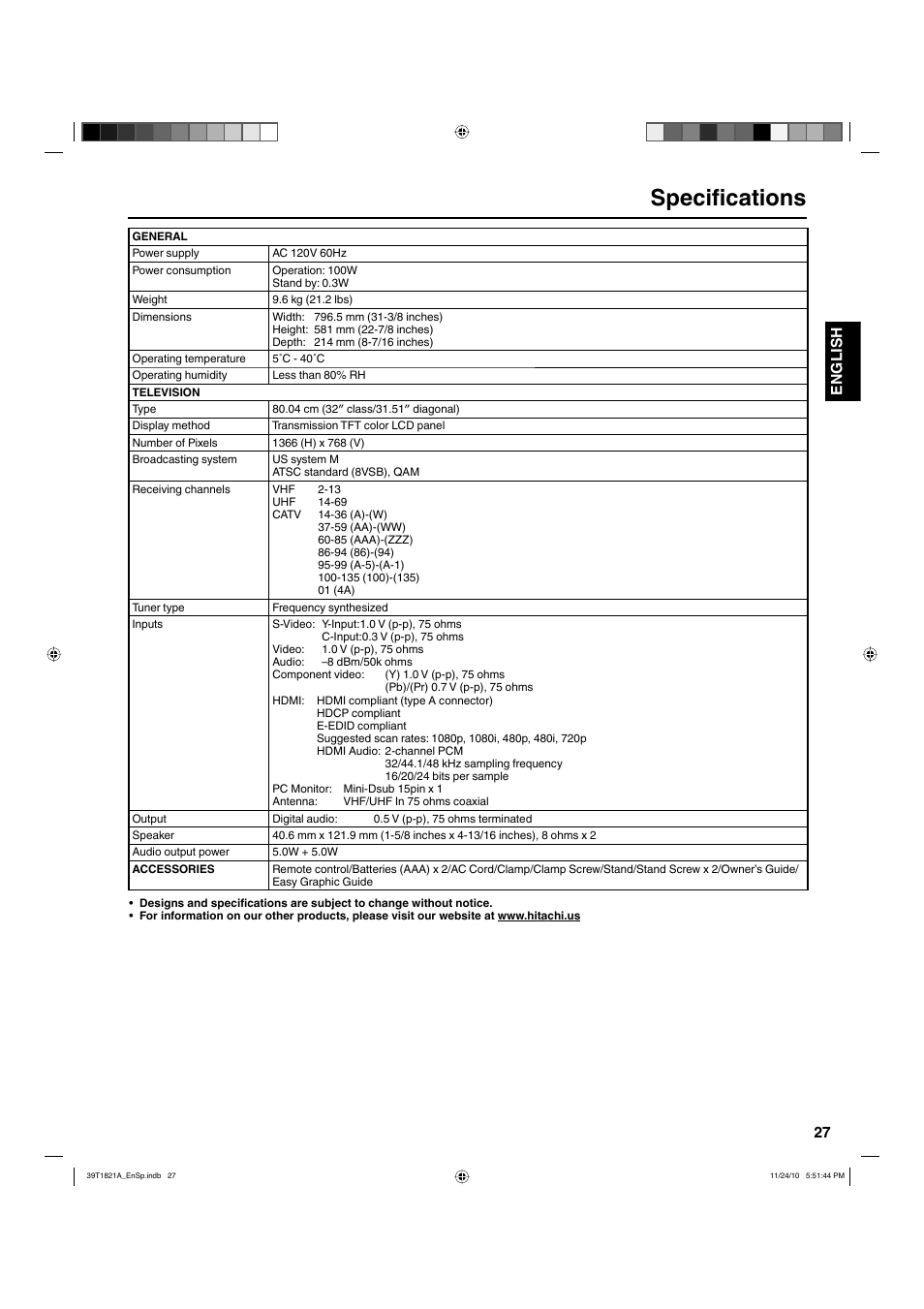 Specifications, 27 english | Hitachi L32A104 User Manual | Page 27 / 29