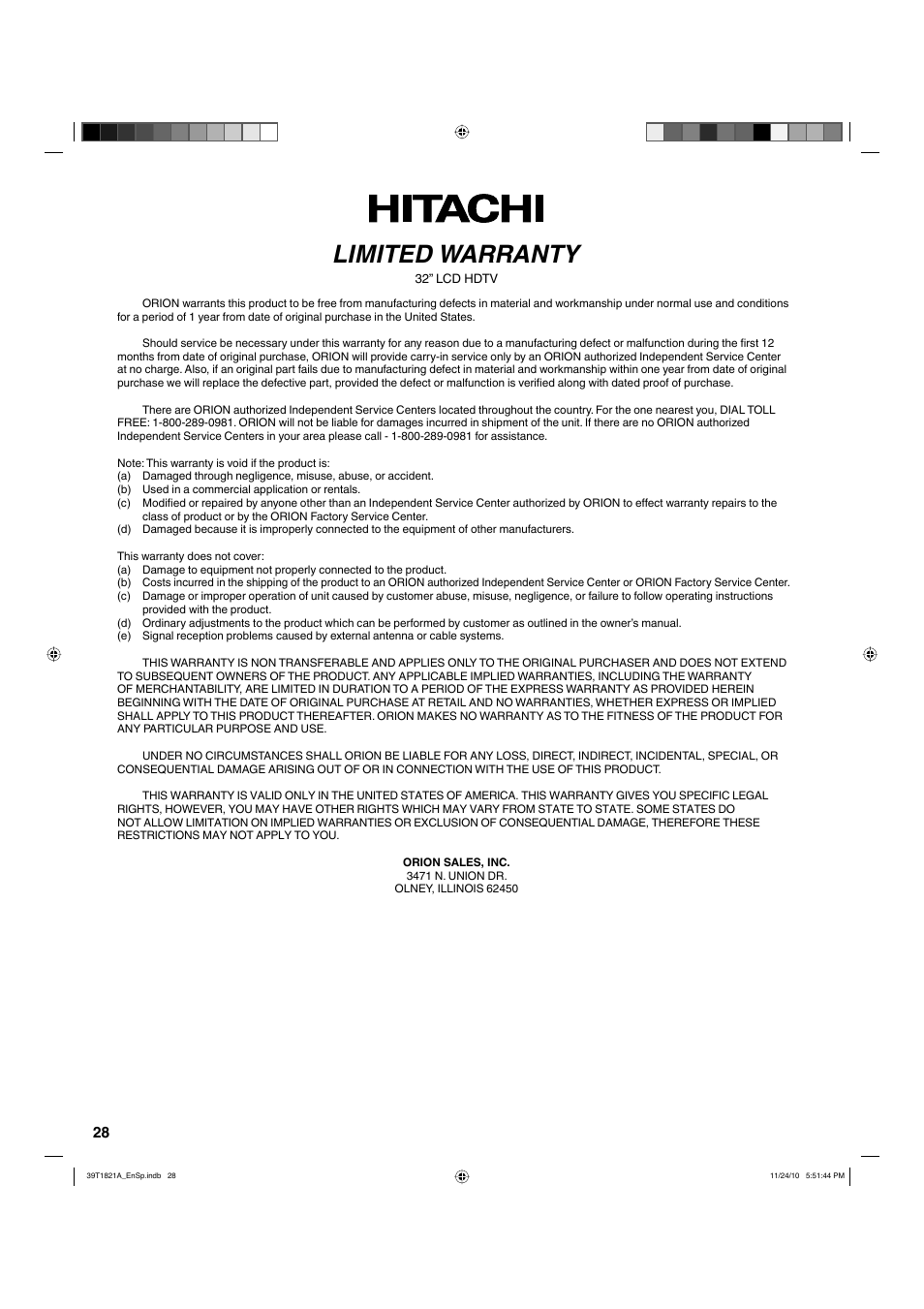 Limited warranty | Hitachi L32A104 User Manual | Page 28 / 29