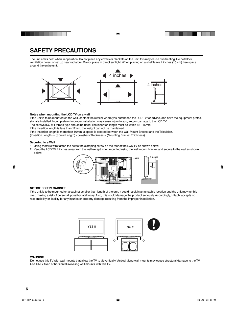 Safety precautions, 4 inches | Hitachi L32A104 User Manual | Page 6 / 29