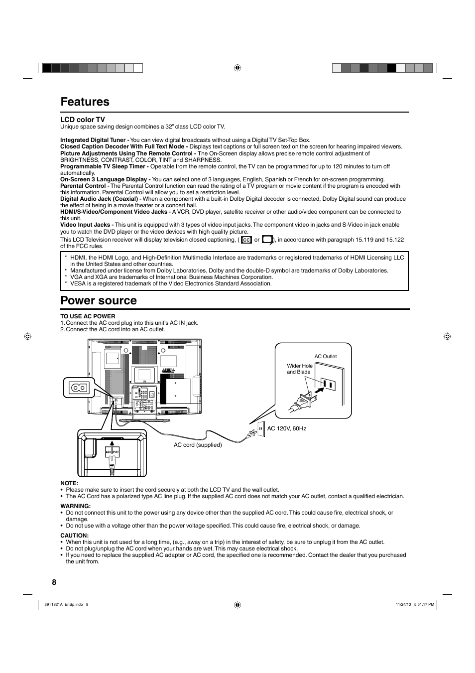 Features, Power source | Hitachi L32A104 User Manual | Page 8 / 29
