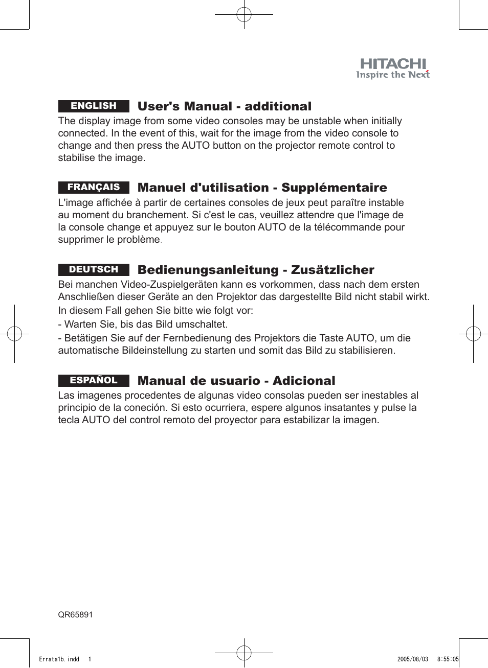 User's manual - additional, Manuel d'utilisation - supplémentaire, Bedienungsanleitung - zusätzlicher | Manual de usuario - adicional | Hitachi PJ-LC9 User Manual | Page 2 / 62
