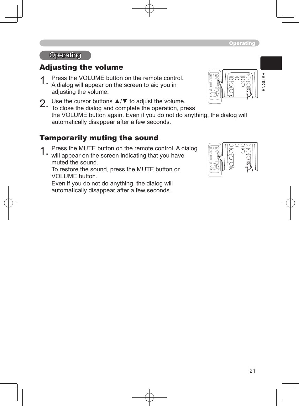 Adjusting the volume, Operating temporarily muting the sound, Operating | Hitachi PJ-LC9 User Manual | Page 23 / 62