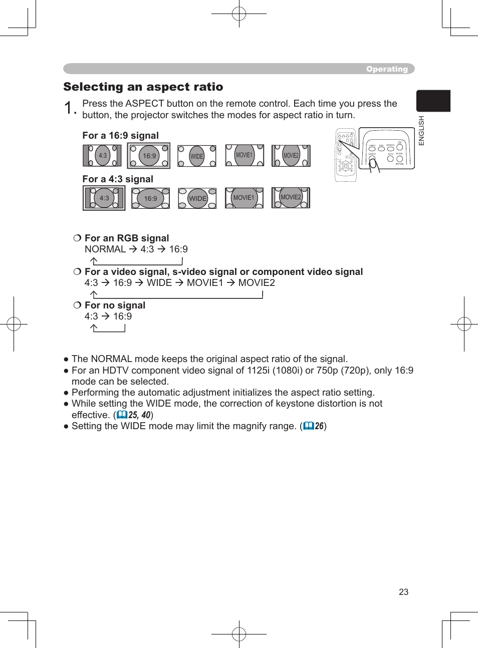 Selecting an aspect ratio | Hitachi PJ-LC9 User Manual | Page 25 / 62
