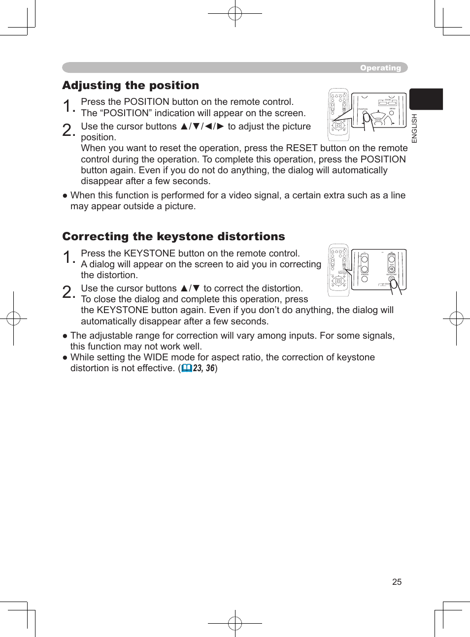 Adjusting the position, Correcting the keystone distortions, Operating | Hitachi PJ-LC9 User Manual | Page 27 / 62