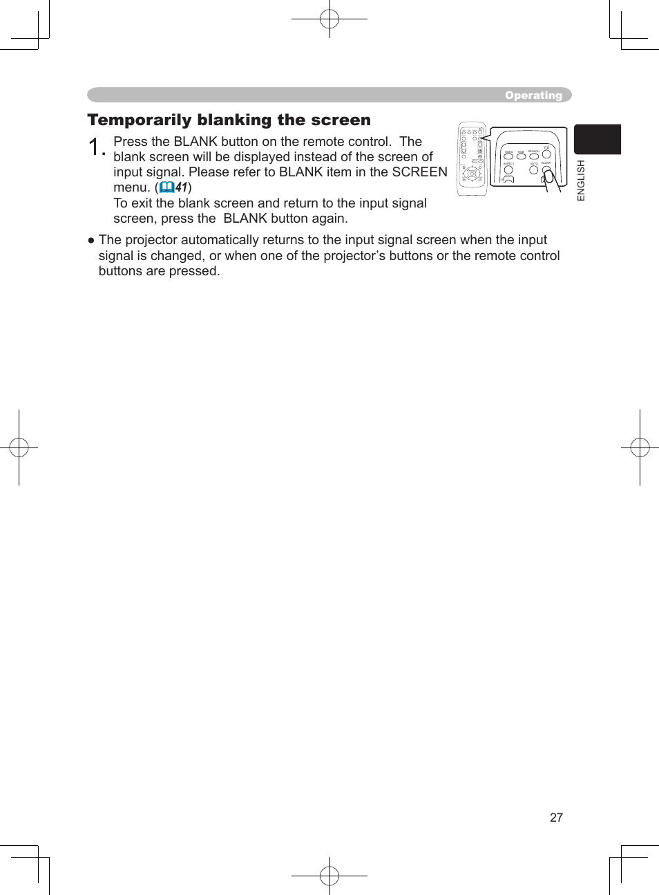 Temporarily blanking the screen, Operating | Hitachi PJ-LC9 User Manual | Page 29 / 62